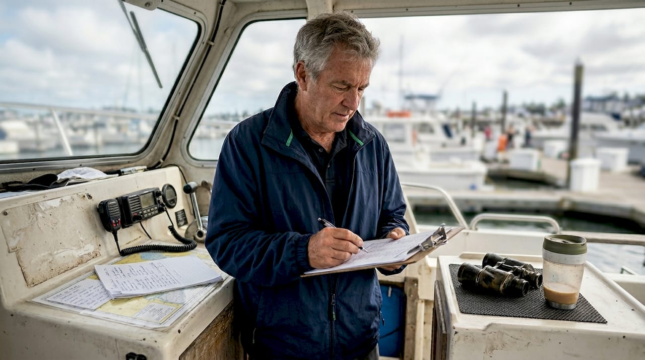 Boat captain checks paperwork at vessel helm