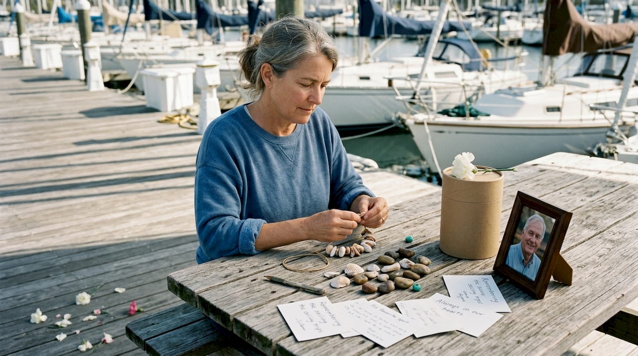 Woman prepares memorial keepsakes by sea