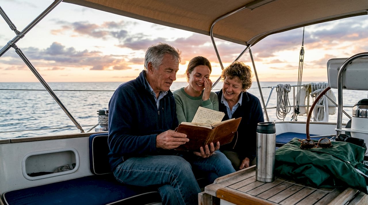 Guests reading journal and sharing memories on boat