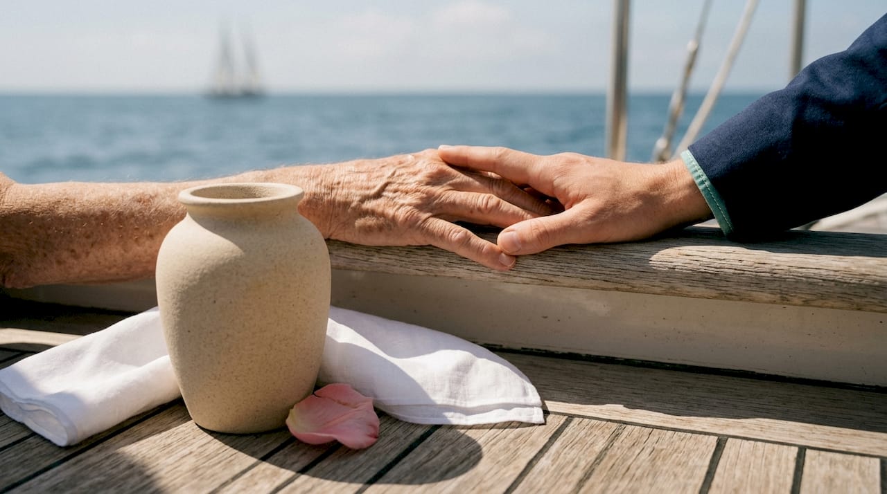 Hands with urn on yacht at sea
