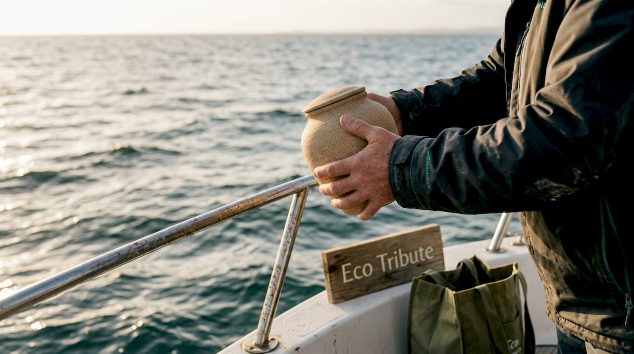 Biodegradable urn held over ocean waves