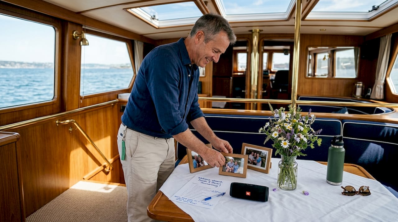 Man arranging photos during yacht memorial