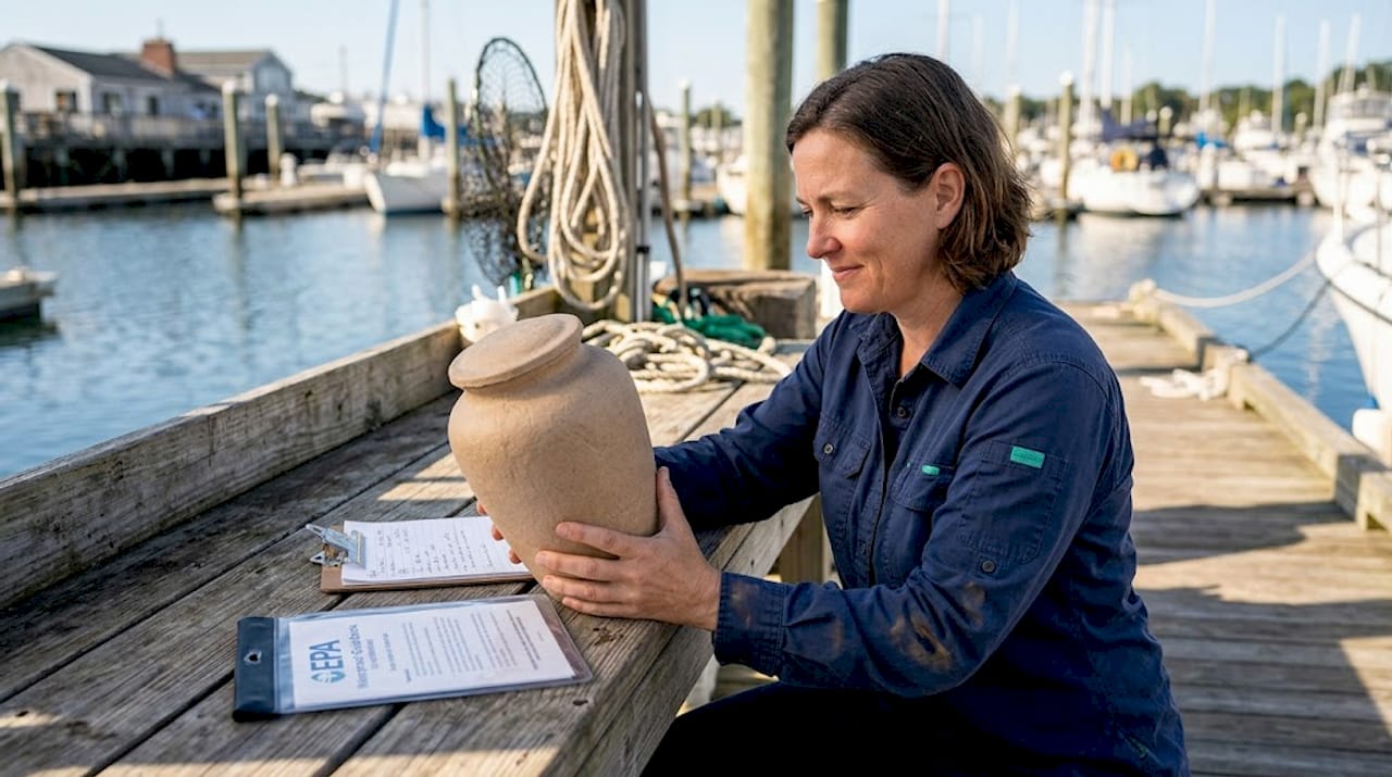 Director preparing biodegradable urn at marina