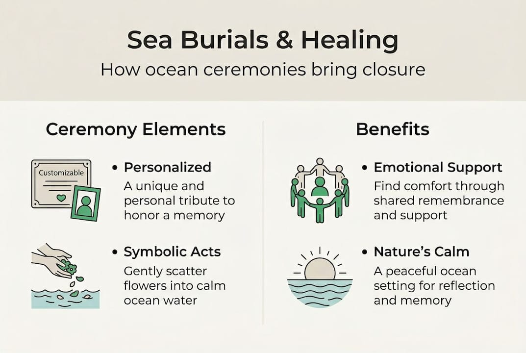 Infographic on sea burial healing elements and benefits