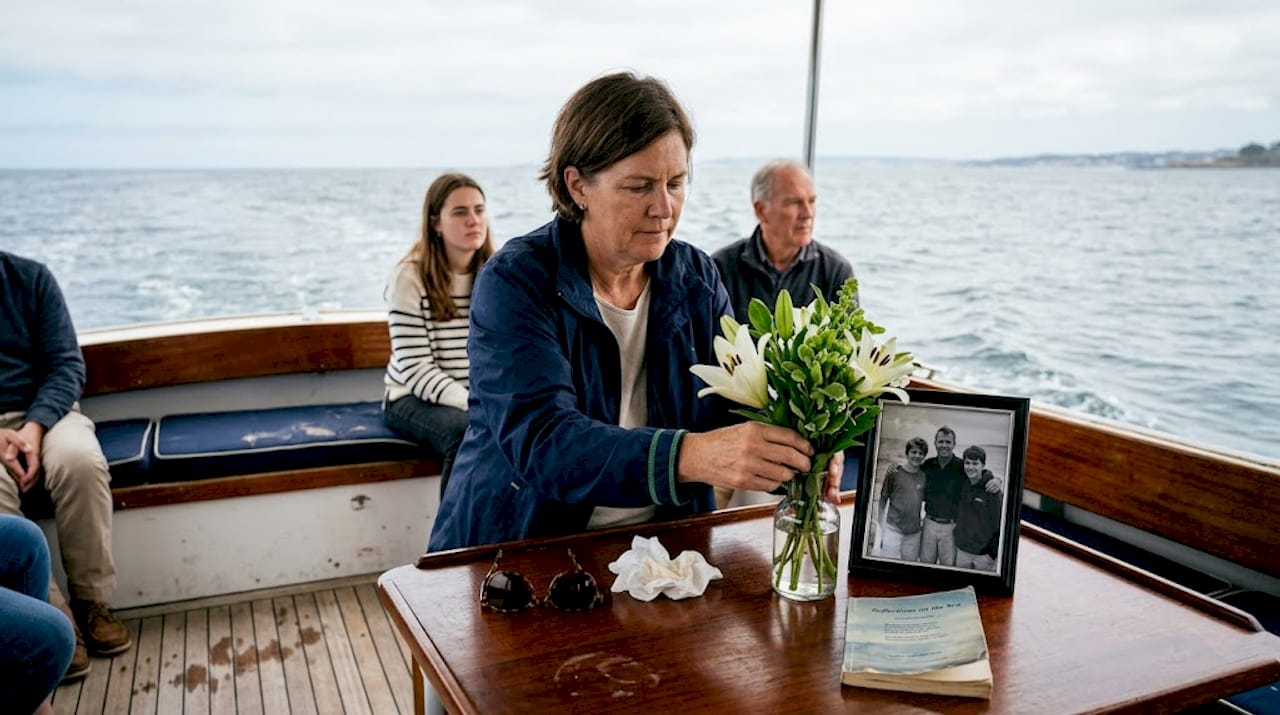 Woman arranging memorial flowers at sea service