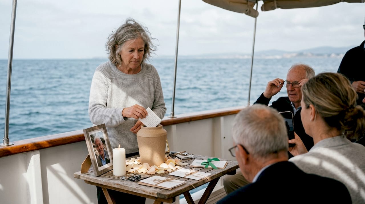 Senior woman placing note in ceremonial urn