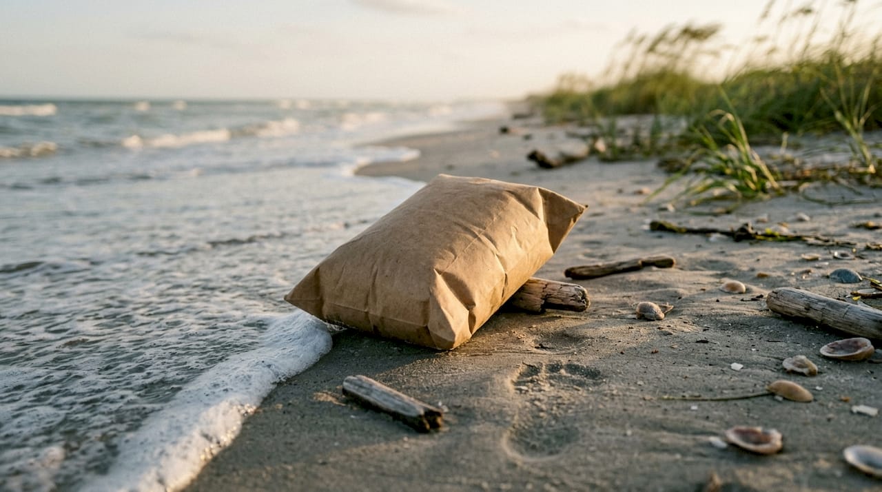 Biodegradable urn at shoreline for ashes