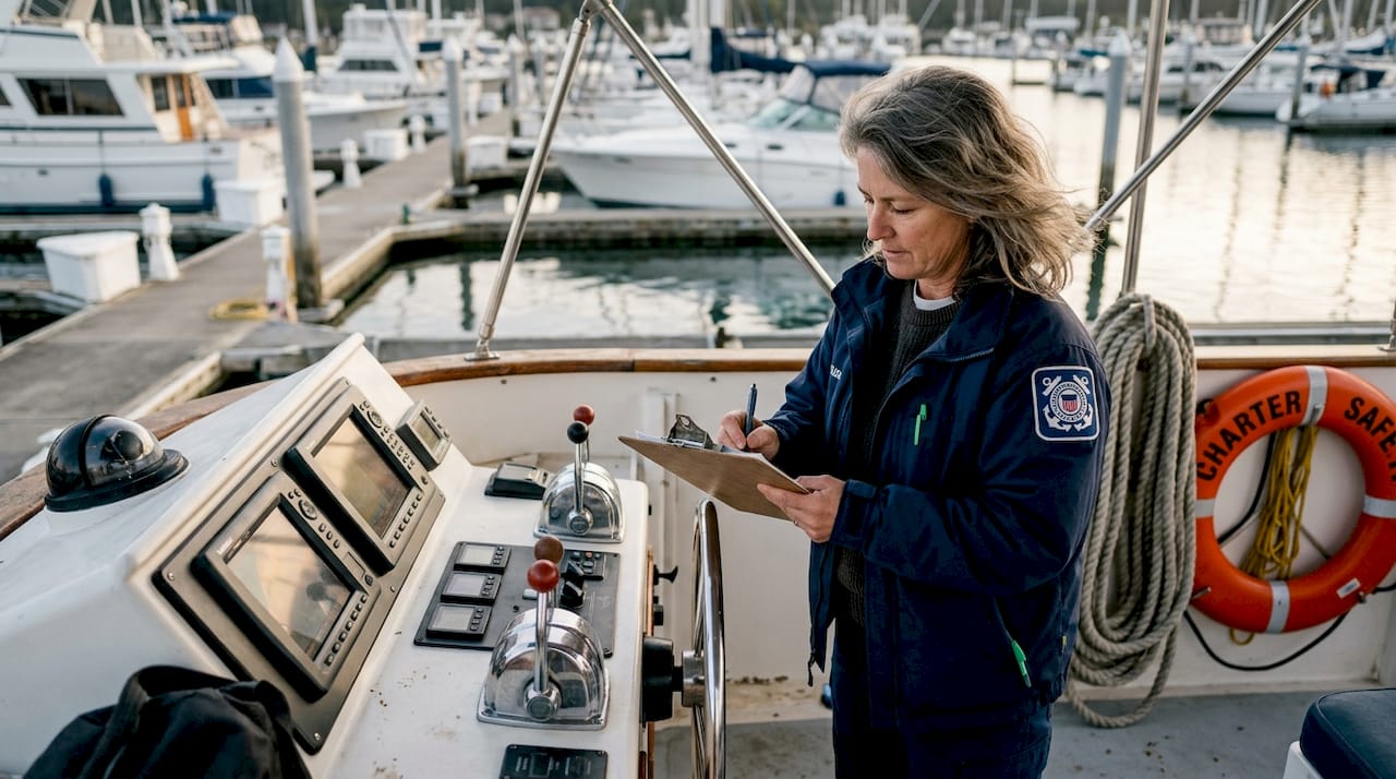 Captain reviewing checklist on charter vessel