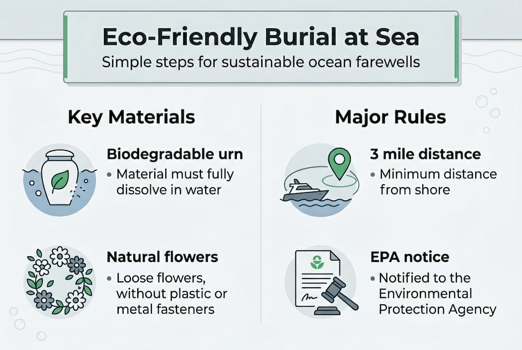 Infographic with sea burial steps and materials