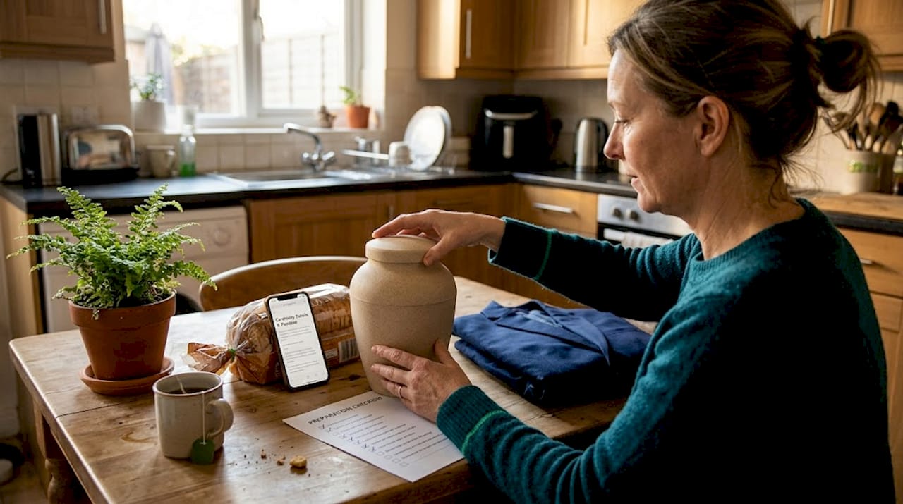 Biodegradable urn and funeral prep at kitchen table