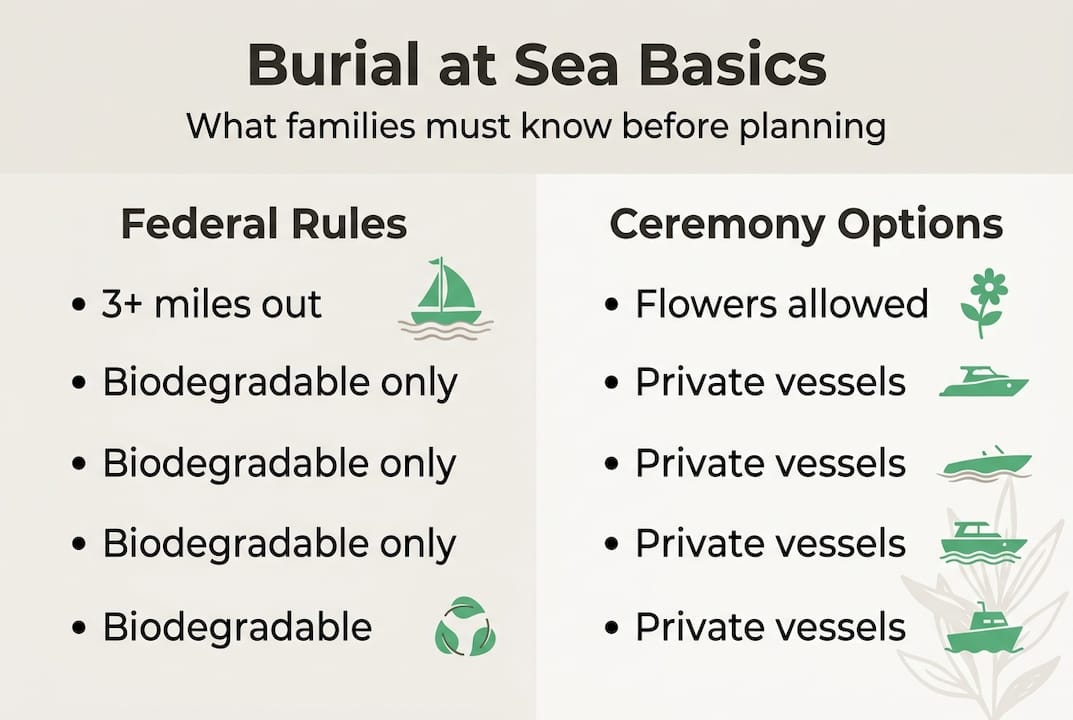 Infographic showing burial at sea rules and ceremony options