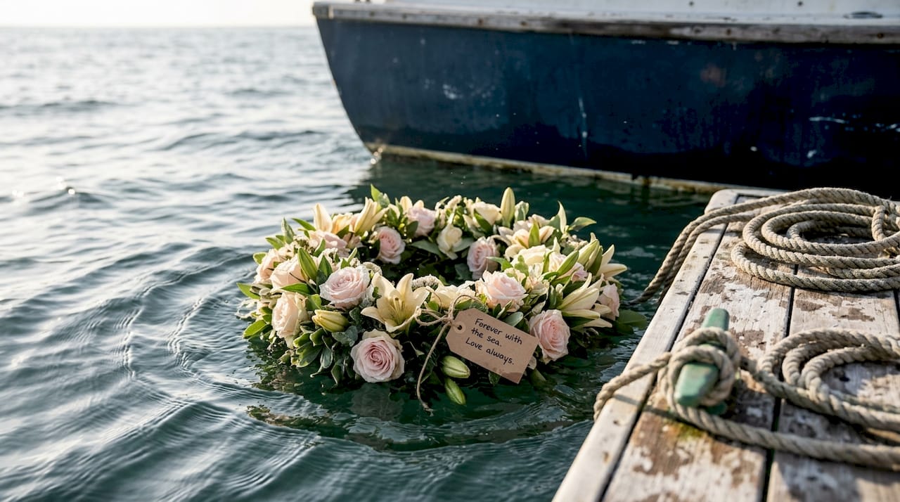Biodegradable memorial wreath on ocean water