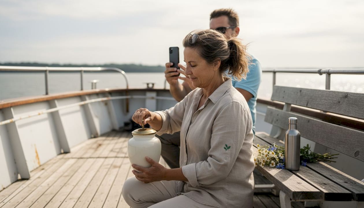 Ash scattering ceremony on boat deck
