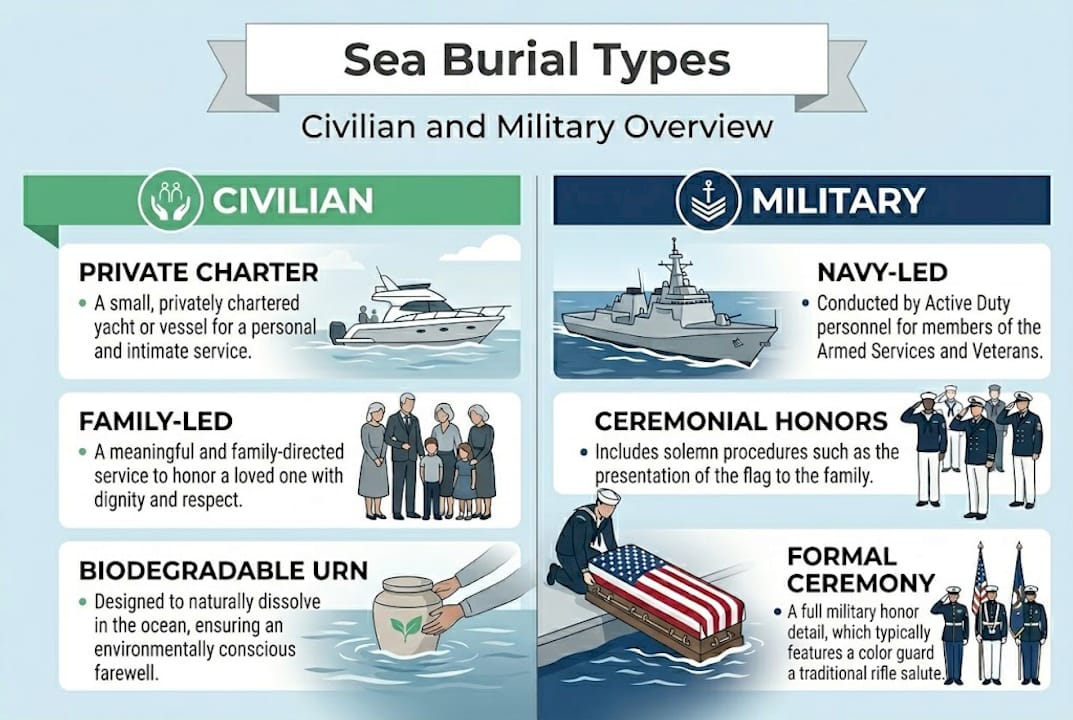 Infographic comparing civilian versus military sea burials