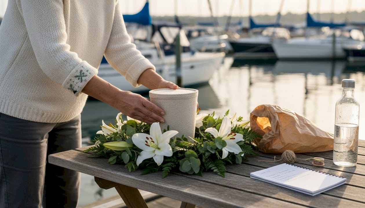 Arranging eco-friendly urn with flowers at marina