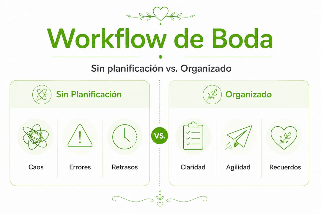 Comparación visual entre un flujo de trabajo improvisado y uno bien estructurado