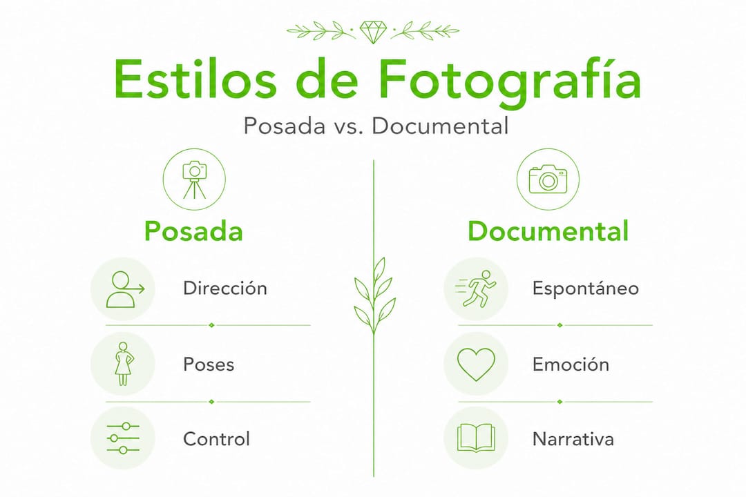 Infografía que muestra las diferencias entre fotografía de boda tradicional y fotografía documental.