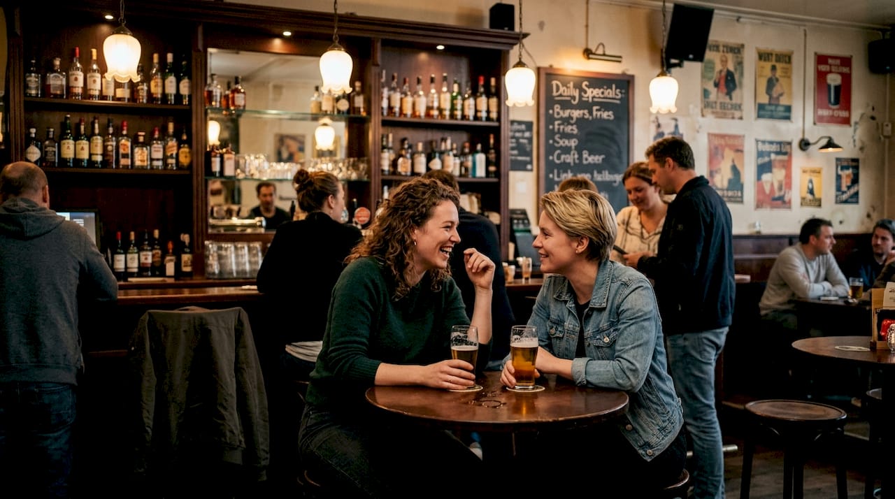 Friends chatting at crowded Amsterdam bar table