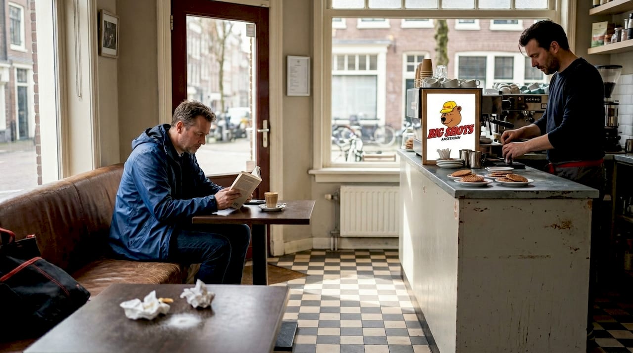 Regular patron reading in Amsterdam cafe corner