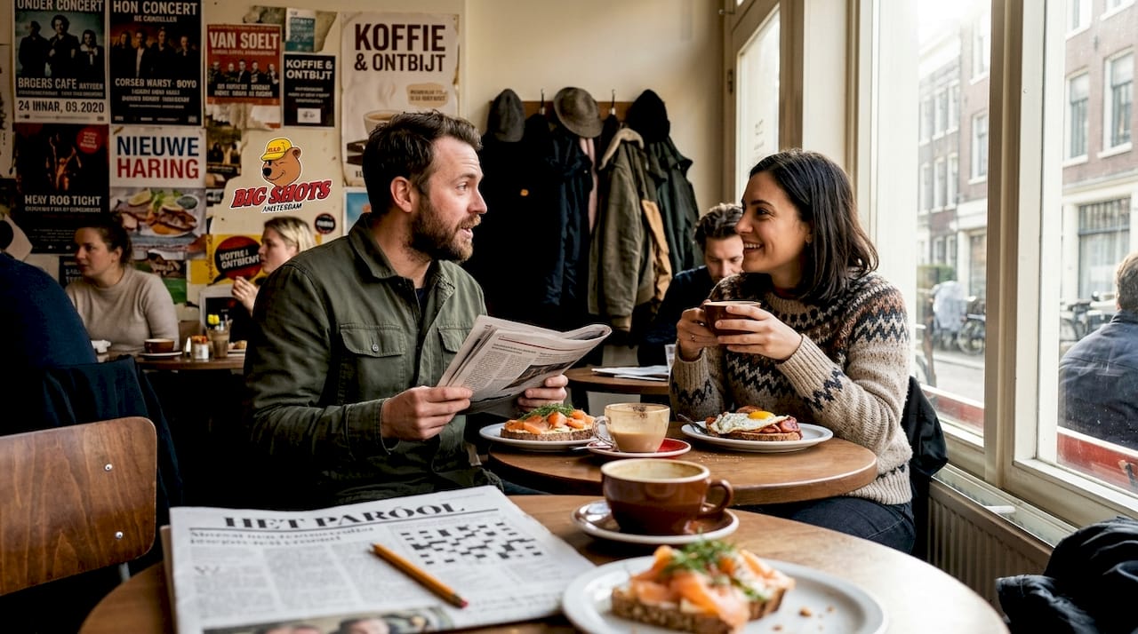 Locals having breakfast in busy Amsterdam cafe