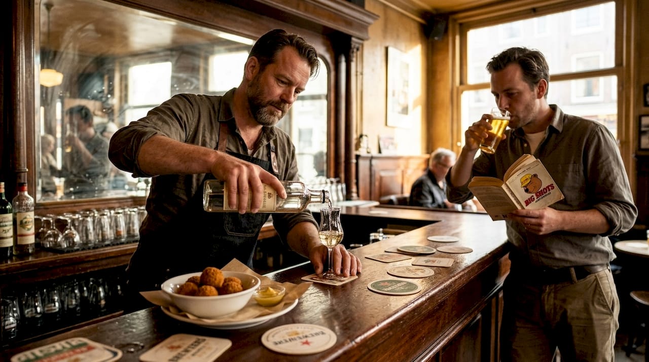 Bartender pouring jenever in classic café setting