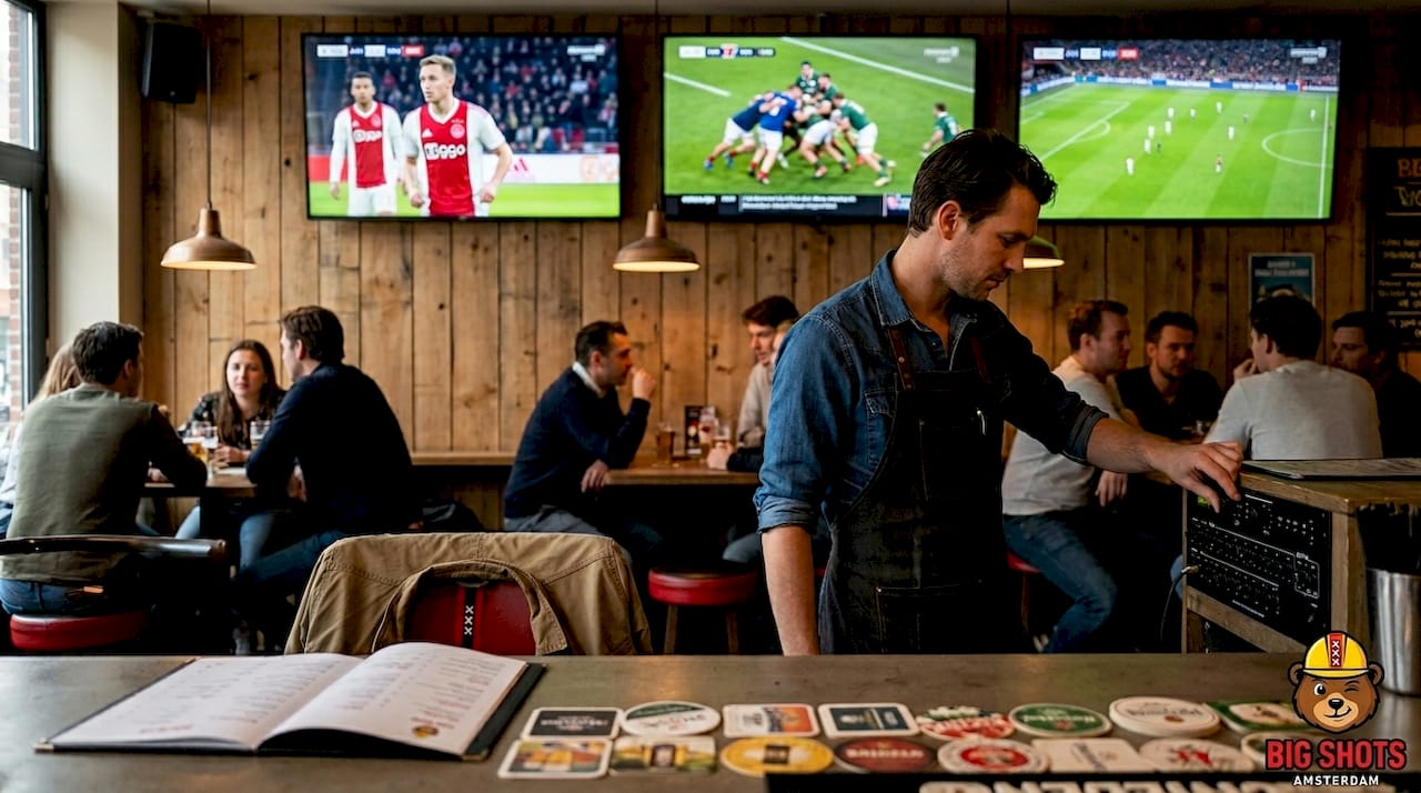 Bartender adjusts audio in multi-screen sports bar