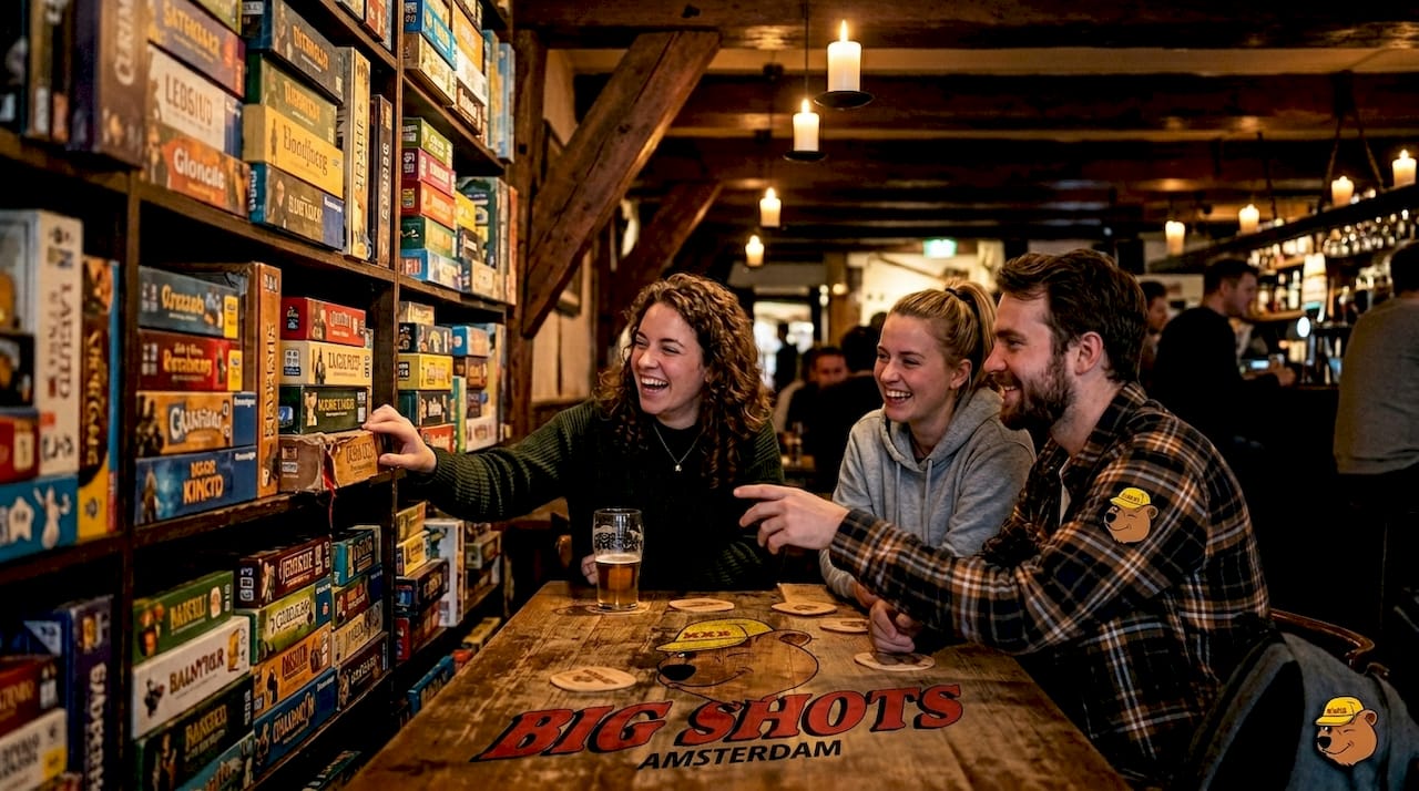 Friends choosing games in medieval-themed bar