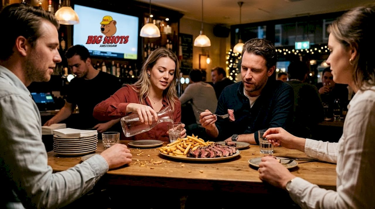 Group sharing steak platter in Amsterdam pub