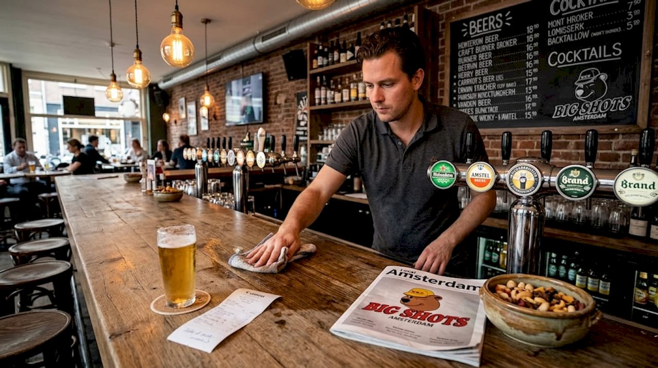 Amsterdam bartender prepares busy bar drinks menu