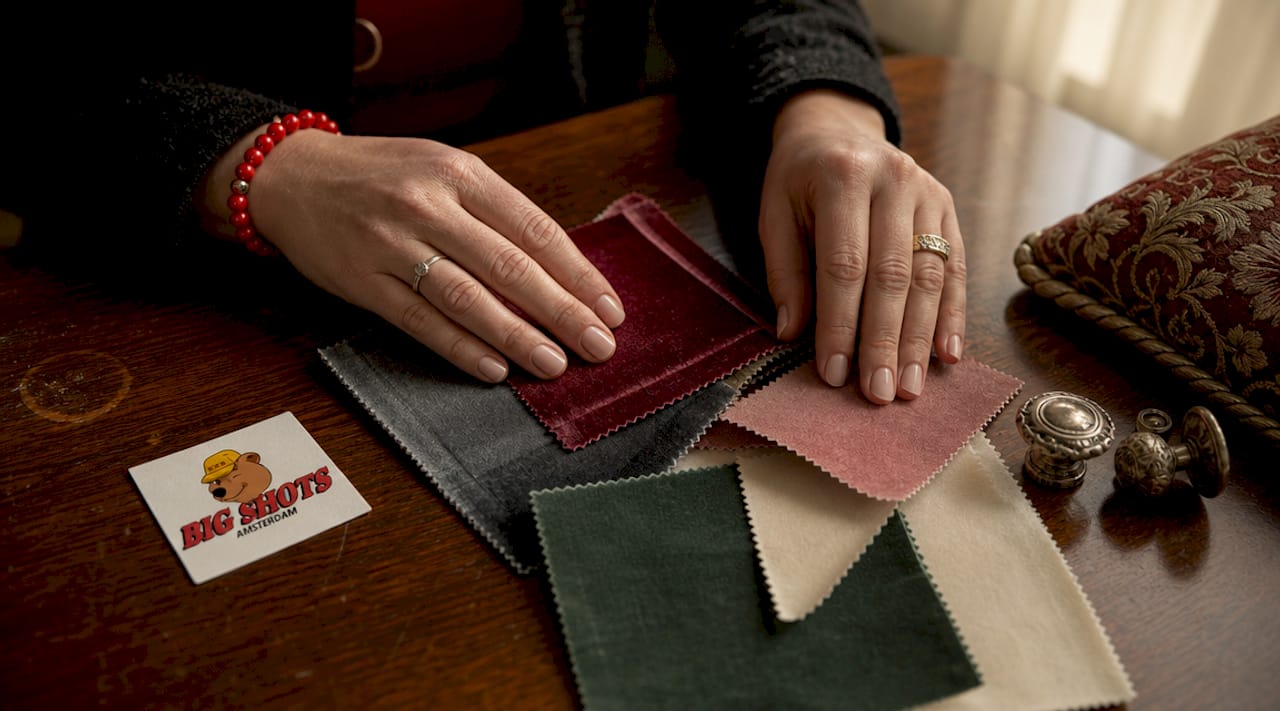 Hands comparing romantic café décor fabric samples