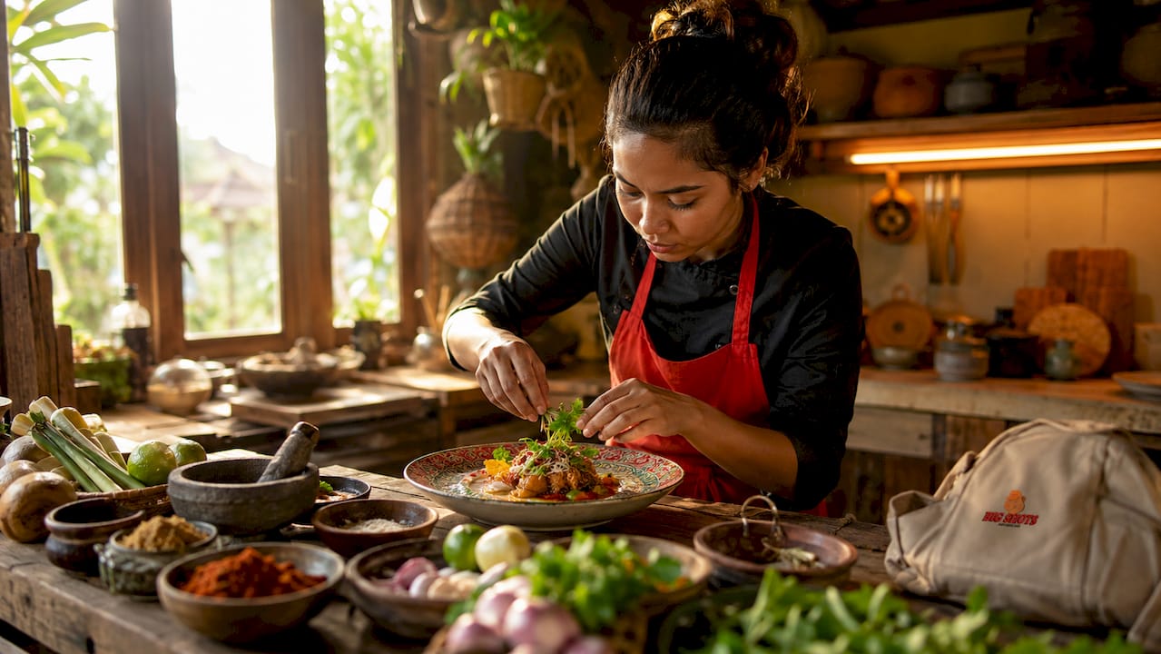 Chef plating fusion international cuisine dish