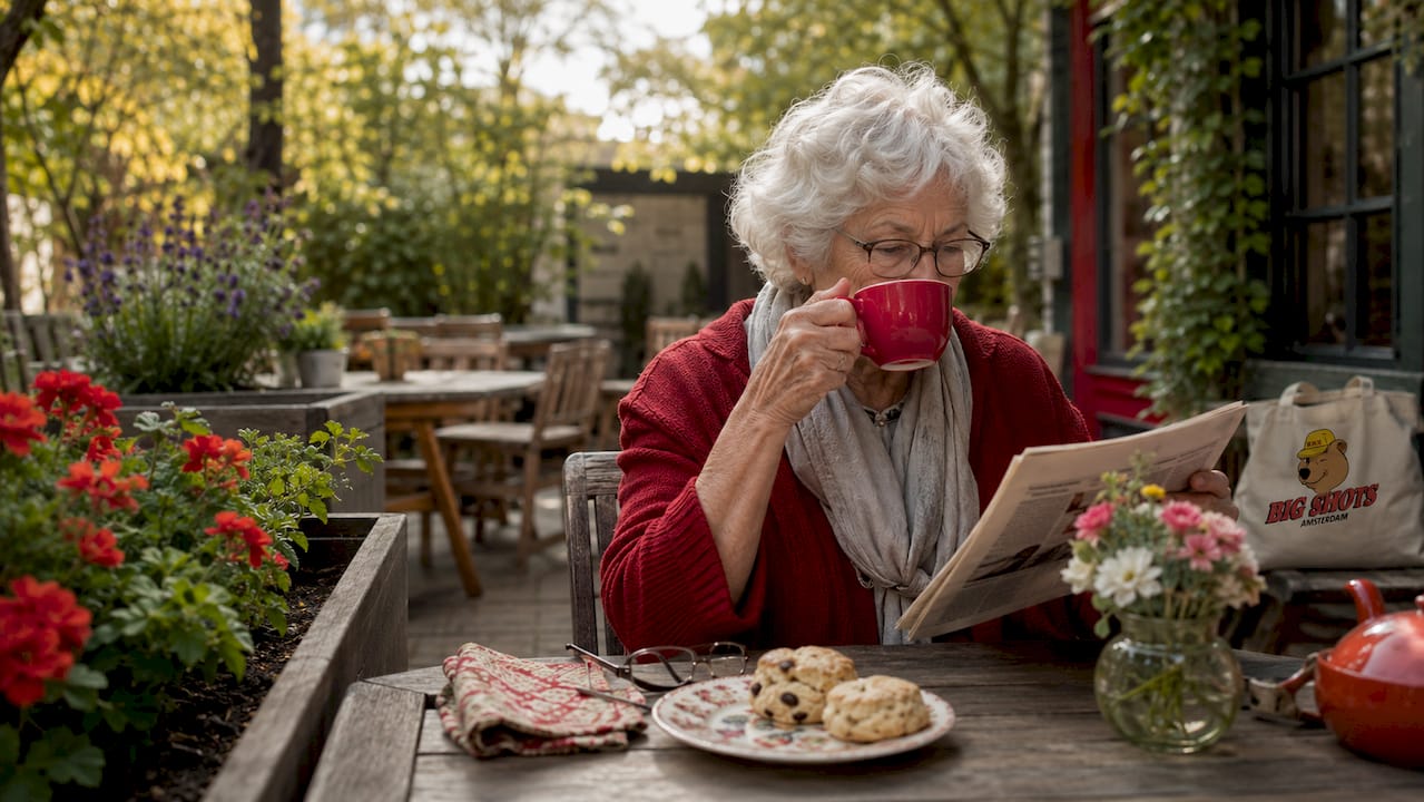 Elderly woman reading tea community café