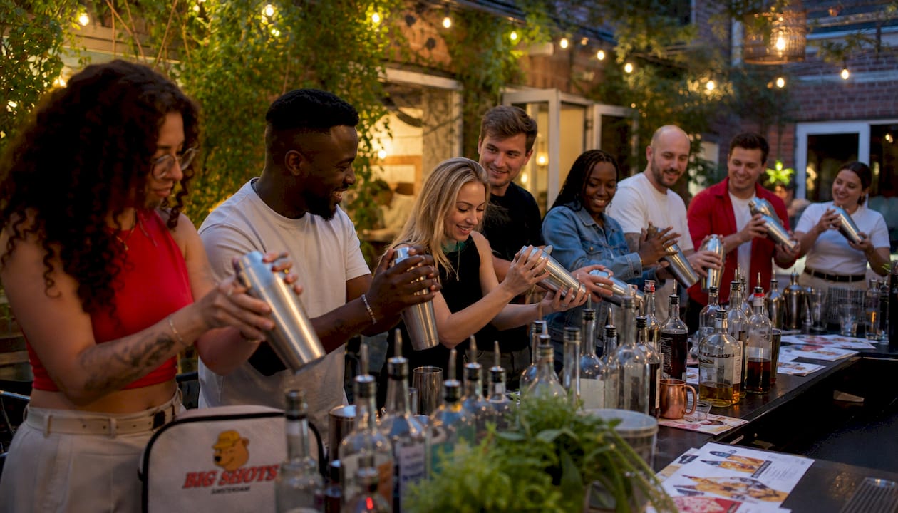 Hands mixing cocktail in bartender training workshop