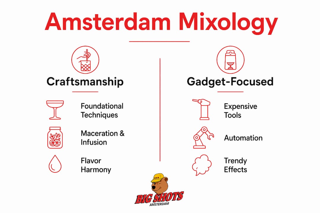 Infographic comparing Amsterdam craftsmanship versus gadget-focused mixology