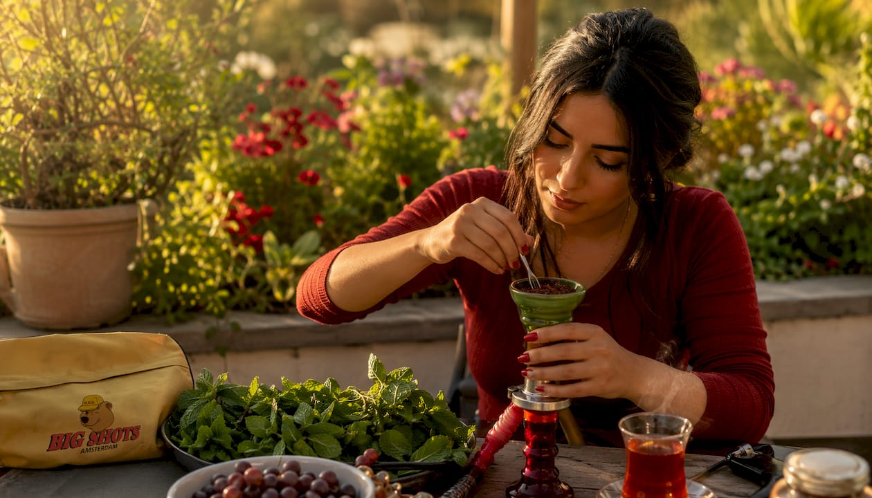Woman preparing grape mint shisha bowl