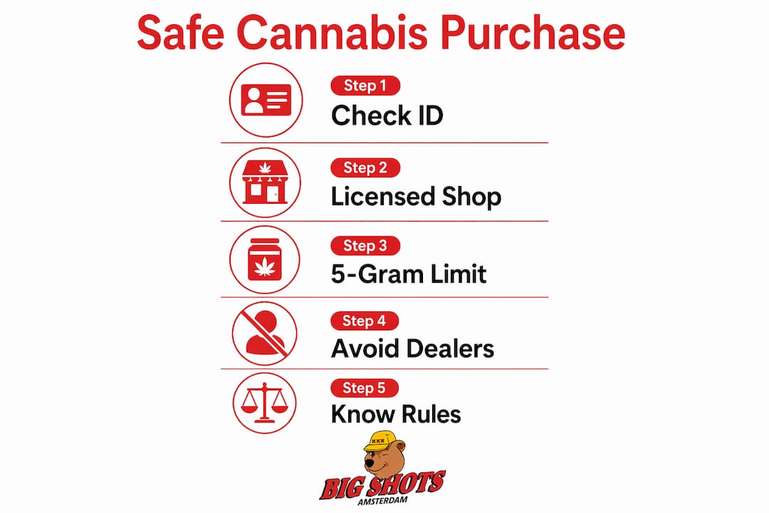 Infographic outlining safe cannabis purchase steps in Amsterdam