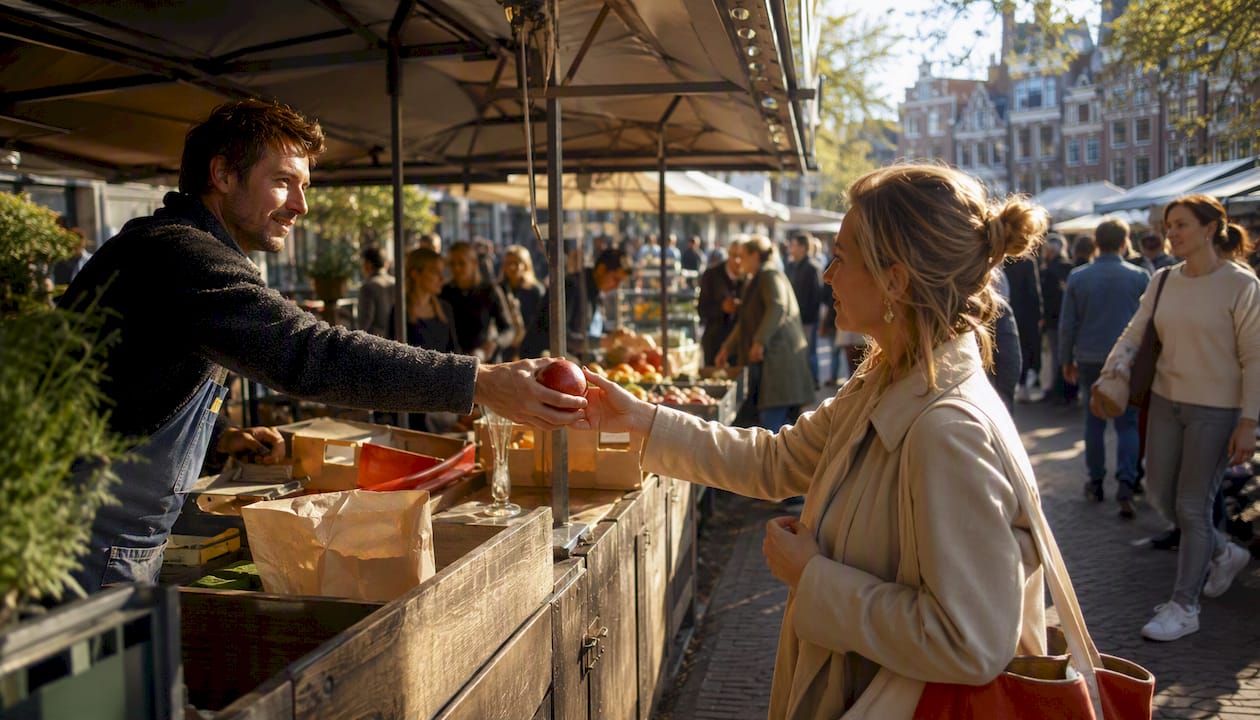Hands exchanging goods at lively outdoor market stalls
