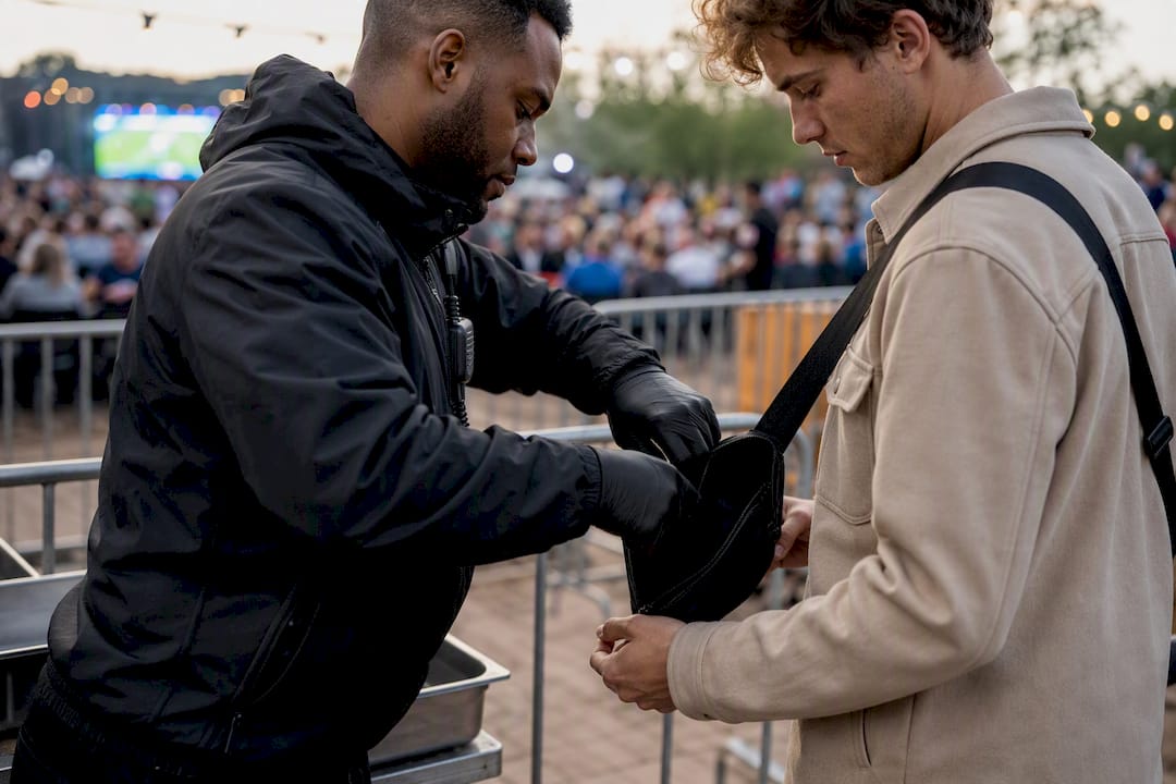 Bag check at outdoor football screening