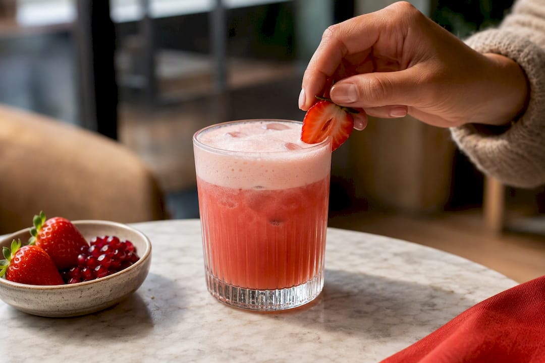 Frothy pink non-alcoholic cocktail with strawberry