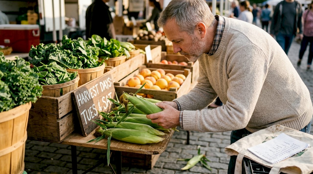 Man checks corn for freshness at market