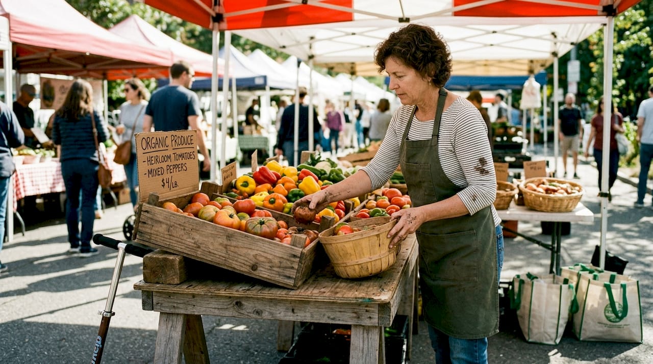 Woman arranges vegetables at local farmers market