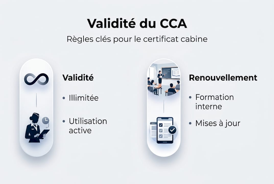 Visuel explicatif sur la durée de validité et les démarches de renouvellement du CCA