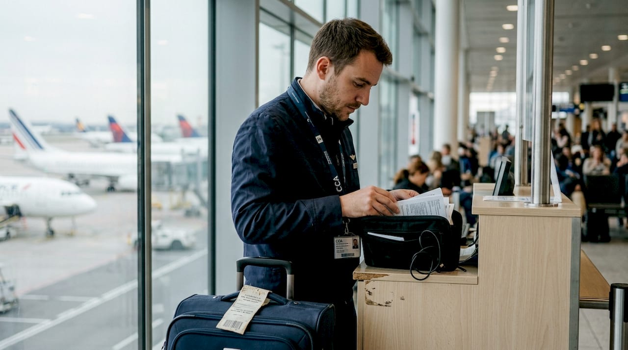Un steward contrôle les papiers des passagers lors de l’embarquement.