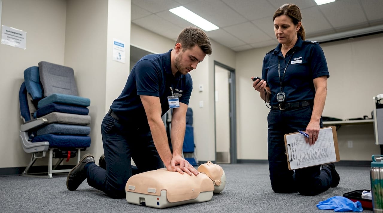 Stagiaire hôtesse de l’air en pleine session d’entraînement aux gestes de premiers secours