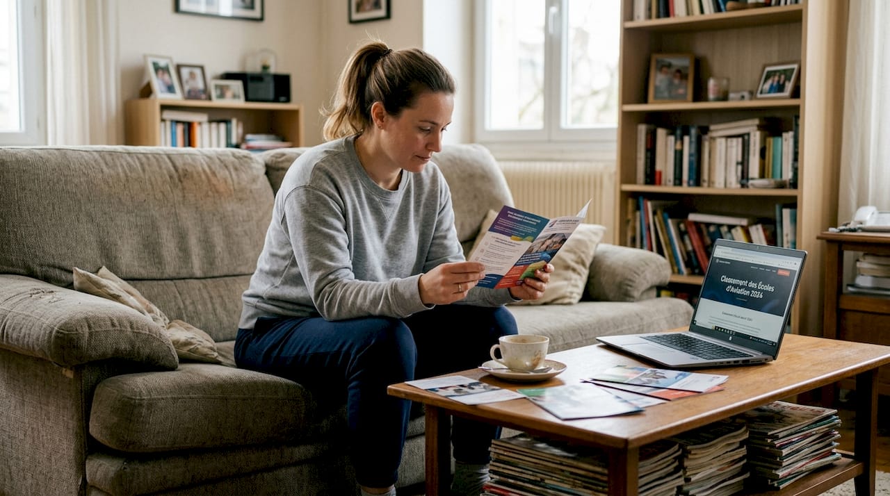 Chez elle, une femme feuillette attentivement une brochure sur les formations aéronautiques.