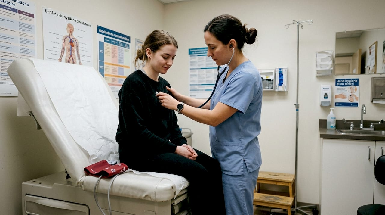 Une infirmière s’occupe d’un patient lors d’une consultation en cabinet médical.