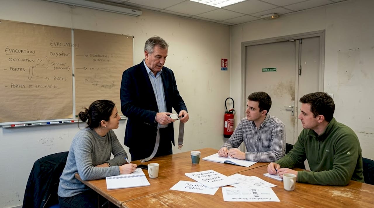 Moment d’échange en salle de formation PNC, pendant les explications.