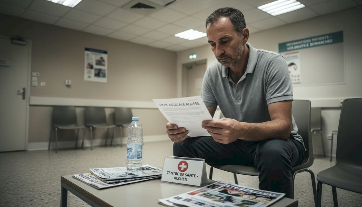 Un homme consulte son dossier médical dans la salle de consultation.