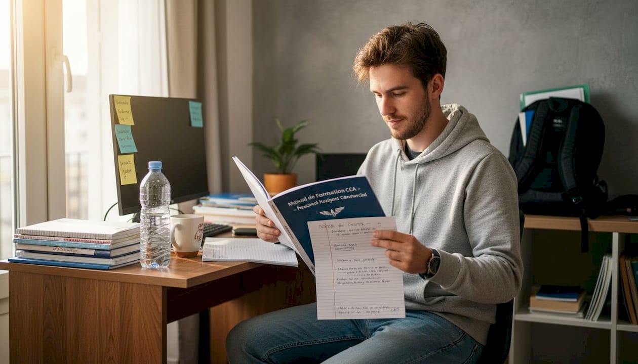 Étudiant en pleine préparation de l'examen de certification CCA pour devenir membre d'équipage de cabine