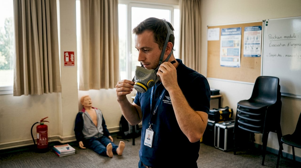 Dans la salle de travaux pratiques, un étudiant ajuste soigneusement son masque de simulation.